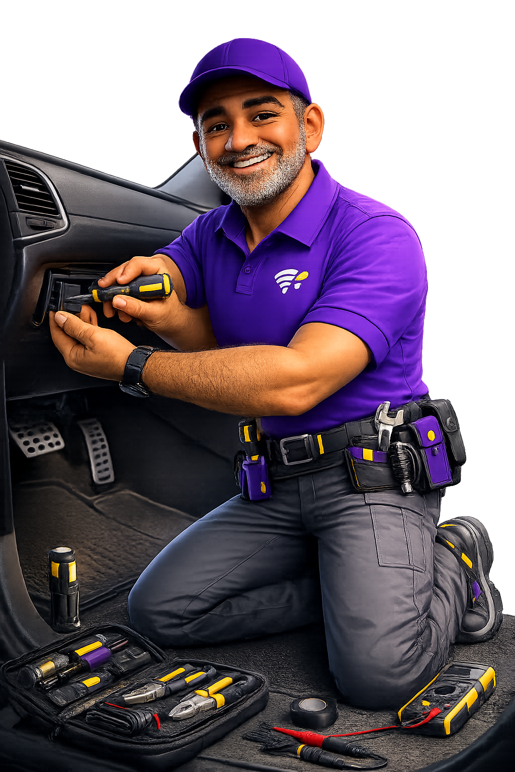Mestre Rui instalando um rastreador