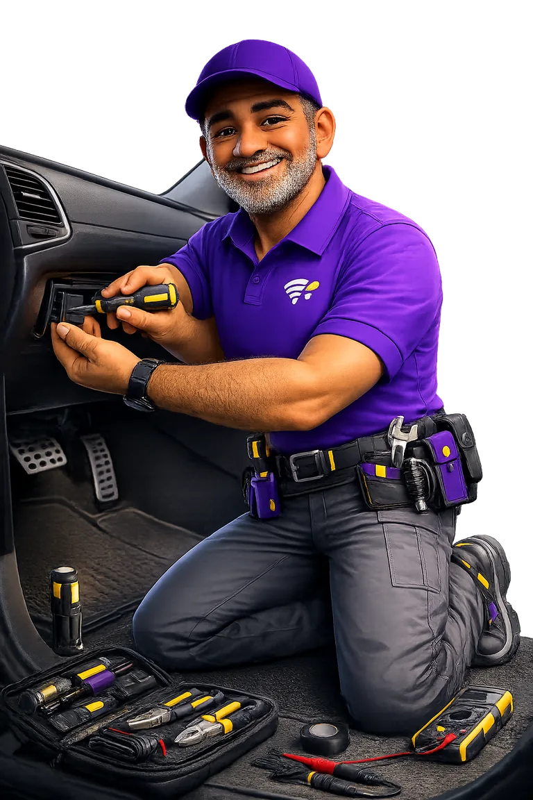 Mestre Rui instalando um rastreador