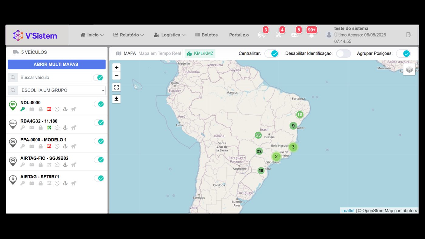 Mapa de rastreamento veicular em tempo real dentro da plataforma V'Sistem